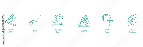 Active Lifestyle Icon Set - Vector Illustrations for Winter Sports, Golf, Running Gear, Cycling, Athletic Wear, and Fitness Trackers