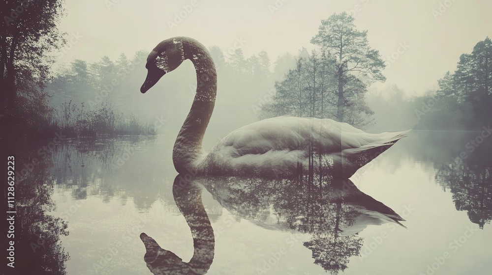 A serene swan glides gracefully over a tranquil lake, reflecting its beauty amidst soft morning mist. A serene swan glides gracefully over a tranquil lake, reflecting its beauty amidst soft morning mist.