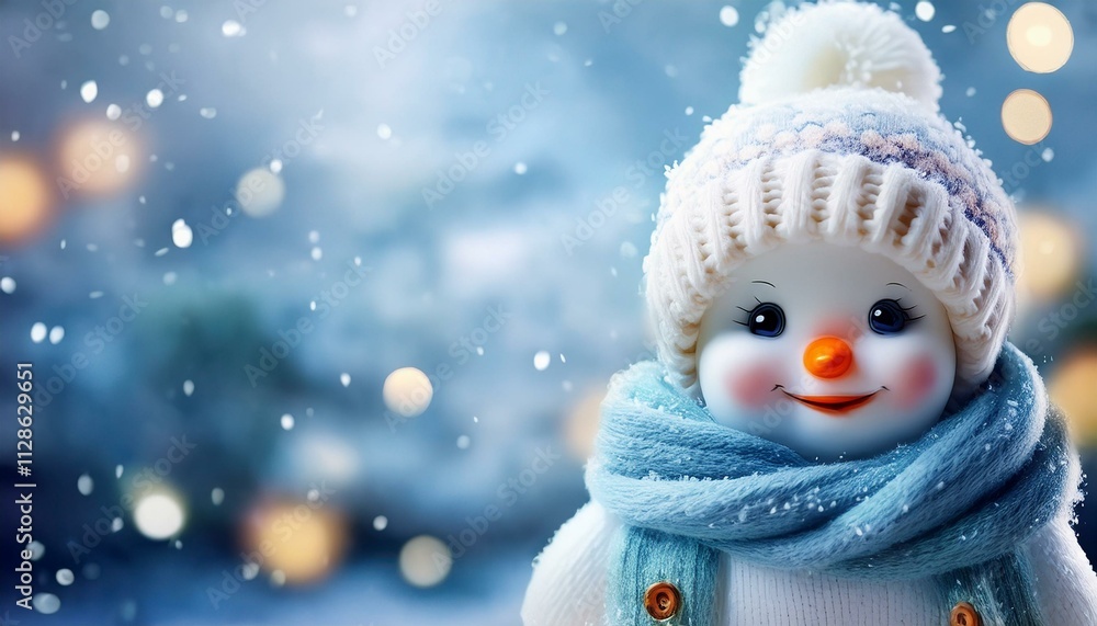 Little cute baby Snowman on cold Winter Christmas day in warm clothes. Snowy background. Illustration of a small fictional creature from a child's imagination,copy text space Little cute baby Snowman on cold Winter Christmas day in warm clothes. Snowy background. Illustration of a small fictional creature from a child's imagination,copy text space
