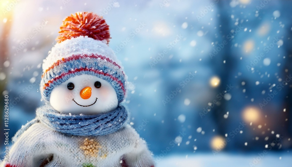 Little cute baby Snowman on cold Winter Christmas day in warm clothes. Snowy background. Illustration of a small fictional creature from a child's imagination,copy text space Little cute baby Snowman on cold Winter Christmas day in warm clothes. Snowy background. Illustration of a small fictional creature from a child's imagination,copy text space