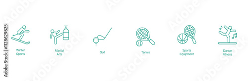 Sports Variety Icon Set - Vector Illustrations for Winter Sports, Martial Arts, Golf, Tennis, Sport Equipments, and Dance Fitness