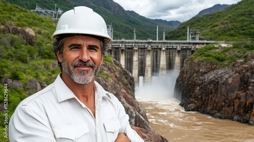 Confident young man poses with arms crossed at dam, modern power station visible behind him, water flowing beneath blue sky photo