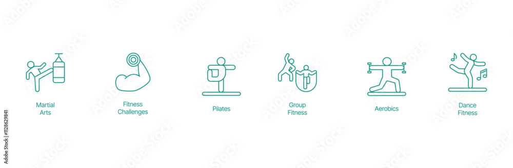 Dynamic Fitness Icon Set - Vector Illustrations for Martial Arts, Fitness Challenges, Pilates, Group Workouts, Aerobics, and Dance Fitness Dynamic Fitness Icon Set - Vector Illustrations for Martial Arts, Fitness Challenges, Pilates, Group Workouts, Aerobics, and Dance Fitness