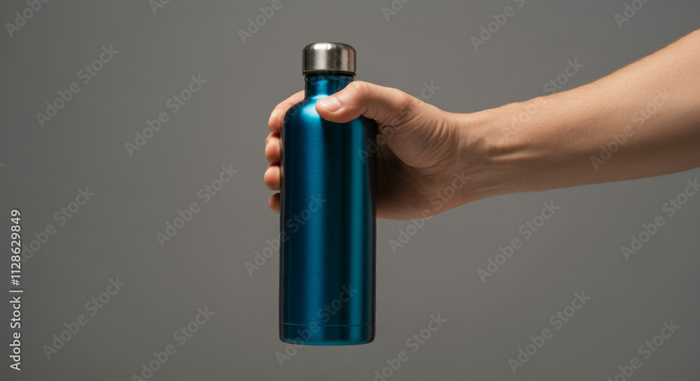 Close-up of Male hand, holding a reusable, steel eco thermos water bottle of blue metallic color. Close-up of Male hand, holding a reusable, steel eco thermos water bottle of blue metallic color.