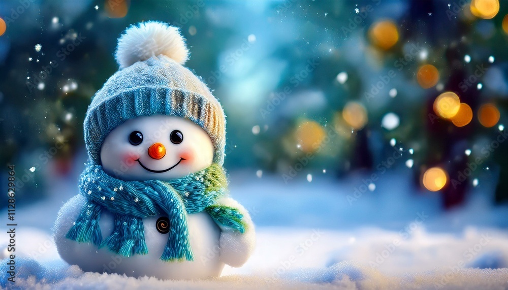 Little cute baby Snowman on cold Winter Christmas day in warm clothes. Snowy background. Illustration of a small fictional creature from a child's imagination,copy text space Little cute baby Snowman on cold Winter Christmas day in warm clothes. Snowy background. Illustration of a small fictional creature from a child's imagination,copy text space