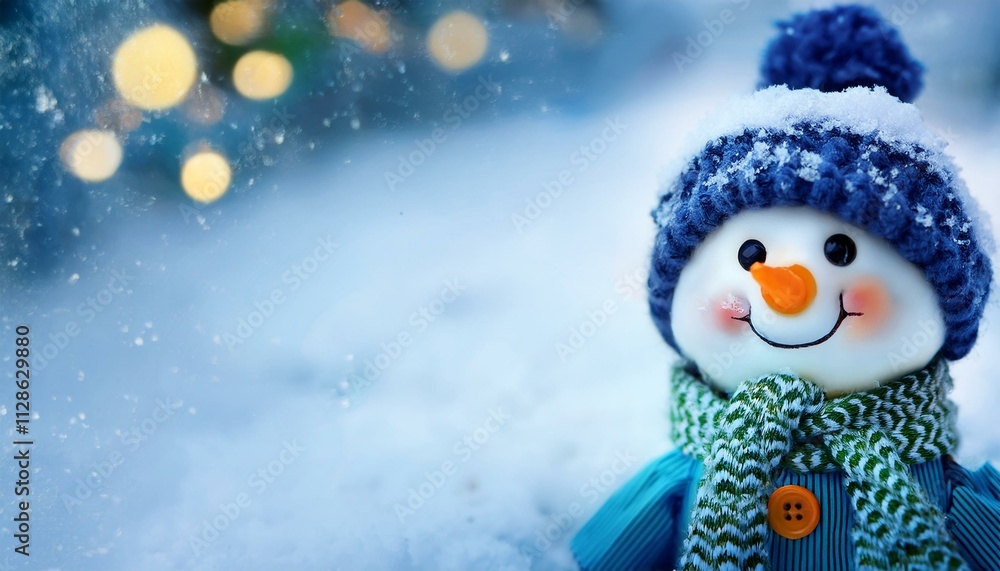 Little cute baby Snowman on cold Winter Christmas day in warm clothes. Snowy background. Illustration of a small fictional creature from a child's imagination,copy text space Little cute baby Snowman on cold Winter Christmas day in warm clothes. Snowy background. Illustration of a small fictional creature from a child's imagination,copy text space