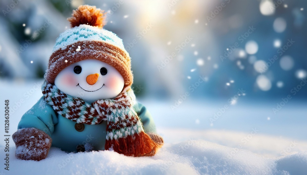 Little cute baby Snowman on cold Winter Christmas day in warm clothes. Snowy background. Illustration of a small fictional creature from a child's imagination,copy text space Little cute baby Snowman on cold Winter Christmas day in warm clothes. Snowy background. Illustration of a small fictional creature from a child's imagination,copy text space
