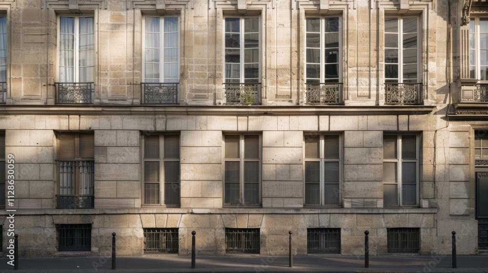 Elegant Parisian building facade, minimalist design, full wall with windows and doors, warm sunlight, serene urban scene, no people visible. Elegant Parisian building facade, minimalist design, full wall with windows and doors, warm sunlight, serene urban scene, no people visible.