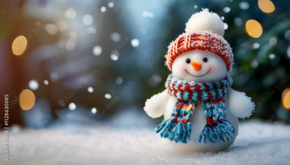 Little cute baby Snowman on cold Winter Christmas day in warm clothes. Snowy background. Illustration of a small fictional creature from a child's imagination,copy text space Little cute baby Snowman on cold Winter Christmas day in warm clothes. Snowy background. Illustration of a small fictional creature from a child's imagination,copy text space