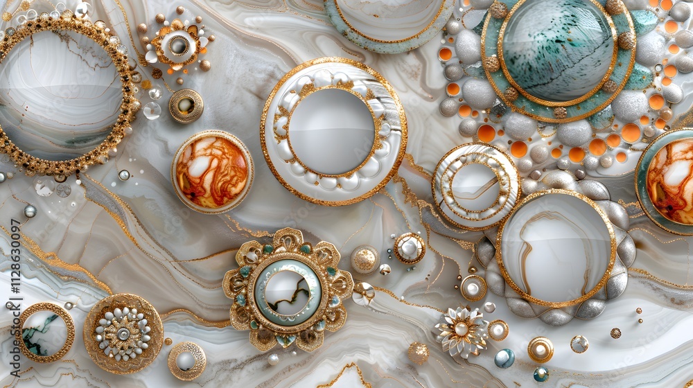Abstract ornate gold, white, and teal circular design on marble. Abstract ornate gold, white, and teal circular design on marble.