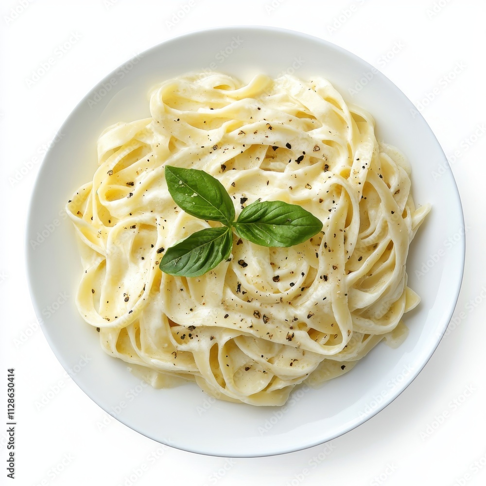 Fettuccine Alfredo isolated on white background, top view Fettuccine Alfredo isolated on white background, top view