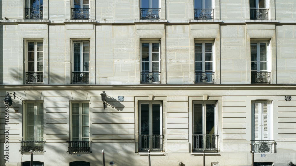 Elegant Parisian building facade, modern minimalist architecture, facing a wall with windows and doors, sunny afternoon, peaceful atmosphere, no people present.