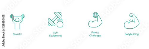 Fitness Icon Set - Vector Illustrations for CrossFit, Gym Equipment, Fitness Challenges, and Bodybuilding