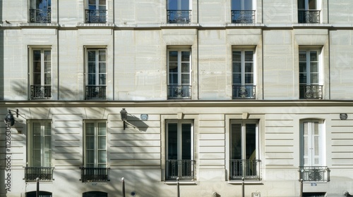 Obraz na płótnie Elegant Parisian building facade, modern minimalist architecture, facing a wall with windows and doors, sunny afternoon, peaceful atmosphere, no people present. w salonie
