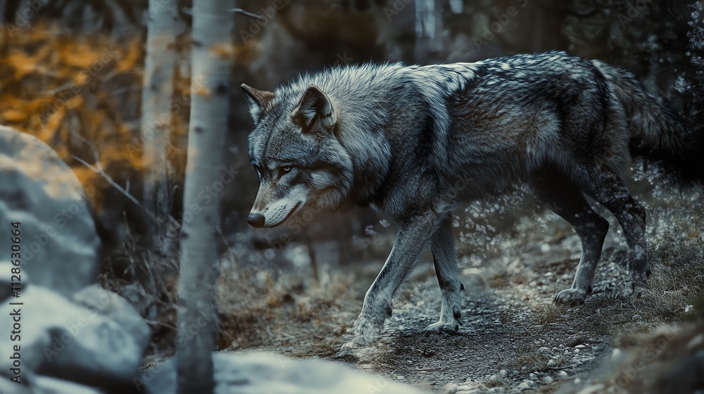 A solitary wolf navigating through a dense forest, showcasing its majestic grace and wilderness. A solitary wolf navigating through a dense forest, showcasing its majestic grace and wilderness.