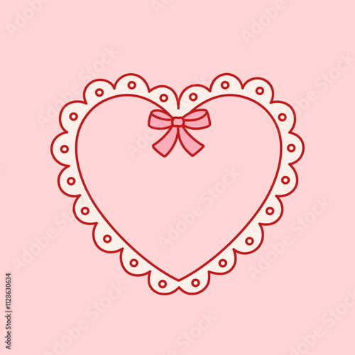 Coquette heart frame with pretty charming bow and lace. Holiday trendy border. Vintage background for greeting cards, wedding, invitations, social media
