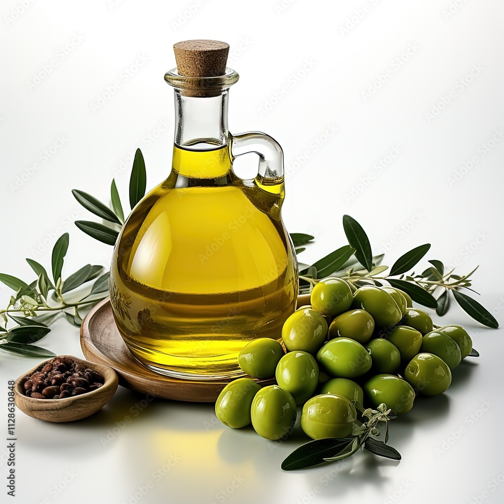 Elegant Olive Oil Bottle with Fresh Olives on White Background Elegant Olive Oil Bottle with Fresh Olives on White Background