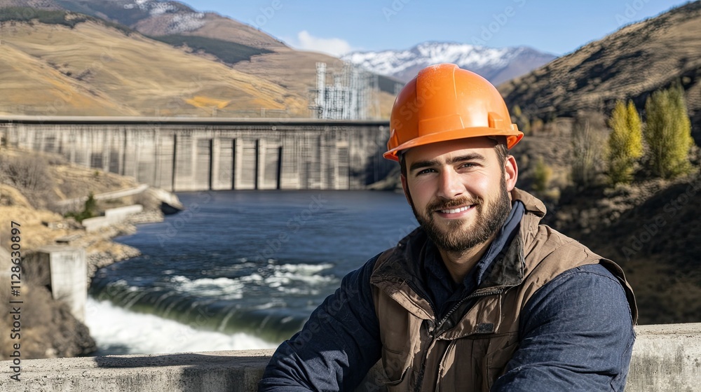 Confident young man poses with arms crossed at dam, modern power station visible behind him, water flowing beneath blue sky Confident young man poses with arms crossed at dam, modern power station visible behind him, water flowing beneath blue sky