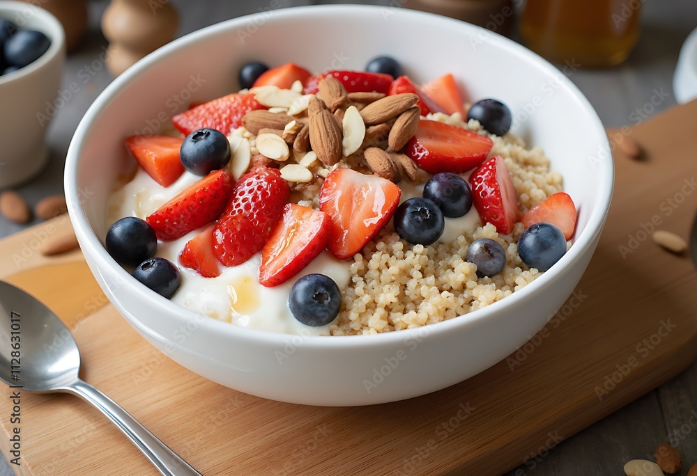 A white bowl of yogurt topped with strawberries, blueberries, honey, almonds, and quinoa placed on wooden table, healthy food A white bowl of yogurt topped with strawberries, blueberries, honey, almonds, and quinoa placed on wooden table, healthy food