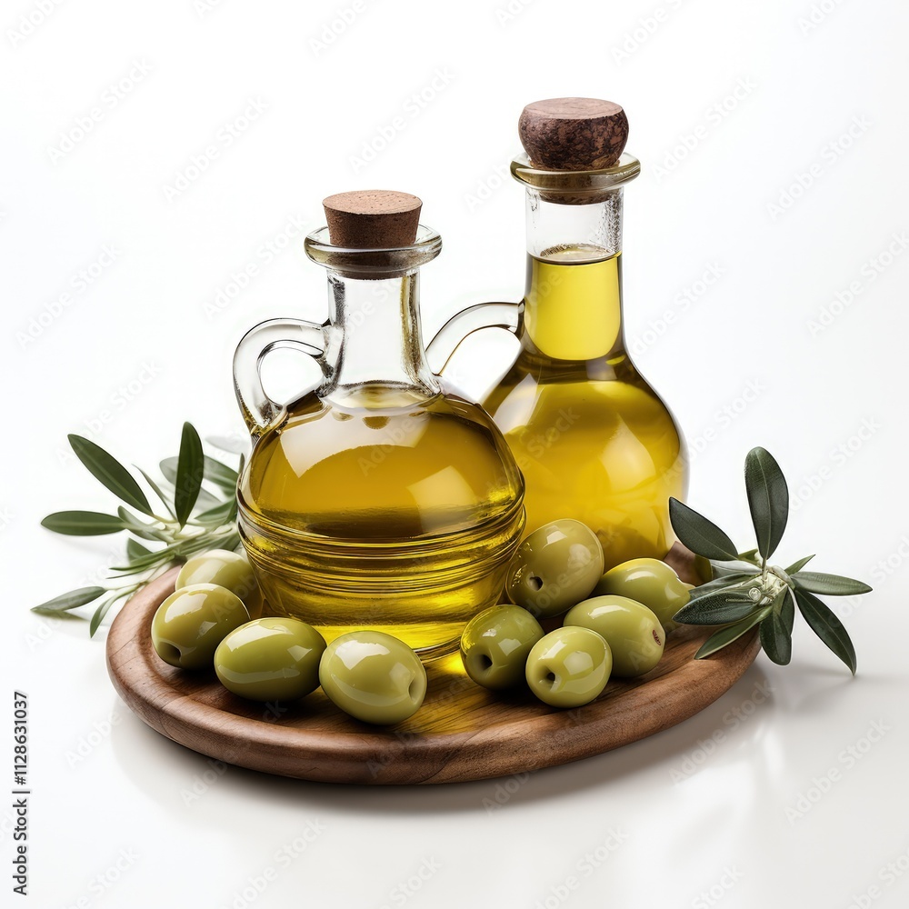 Elegant Olive Oil Bottle with Fresh Olives on White Background Elegant Olive Oil Bottle with Fresh Olives on White Background