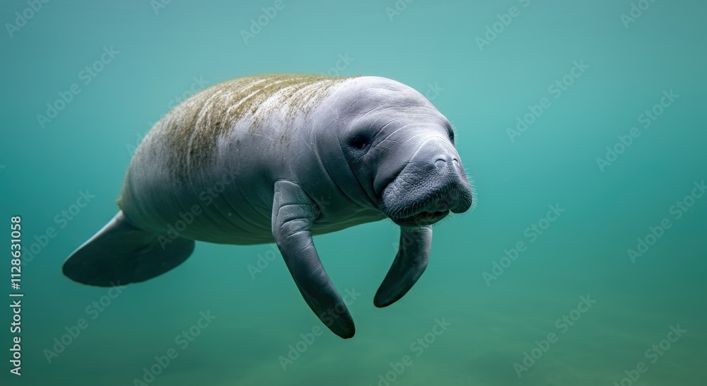 Majestic manatee gliding gracefully underwater in crystal clear ocean waters