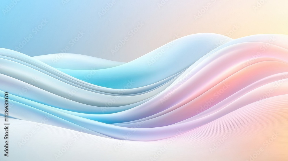 Fototapeta premium A serene, abstract design featuring soft, flowing waves in pastel colors, blending shades of blue, pink, and white against a gentle gradient background.