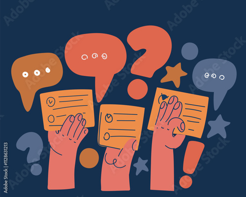 Cartoon vector illustration of the concept of hands holding voting ballots or test forms, symbolizing participation and decision-making