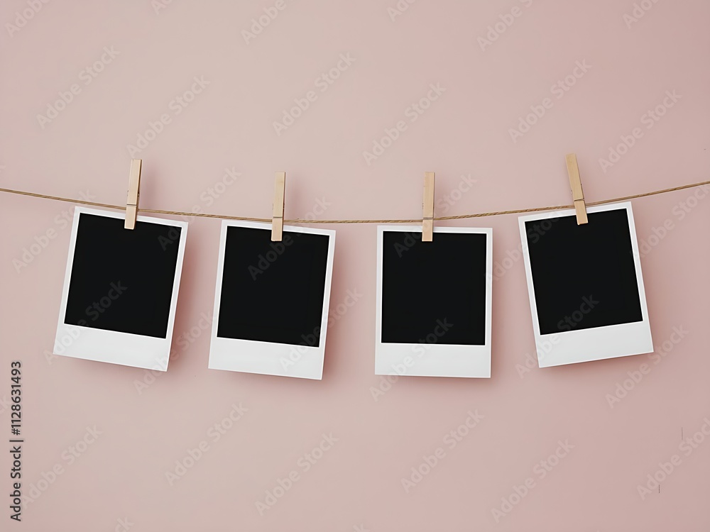 Blank polaroid photo prints with white frames hanging in row on a clothesline against pink background Blank polaroid photo prints with white frames hanging in row on a clothesline against pink background