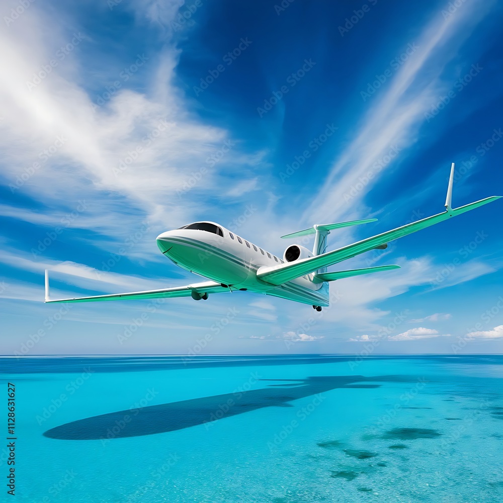 Fototapeta premium Low angle view of airplane flying above the pristine blue ocean against blue sky, travel concept