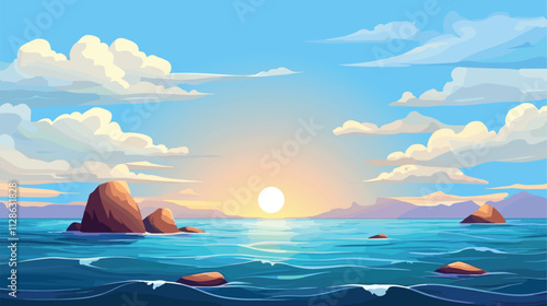 Blue Sky, Cloud Background, Horizon Spring Clear Sky in Morning by the beach, Vector beautiful seascape in Summer, Backdrop panoramic banner white clouds over blue ocean