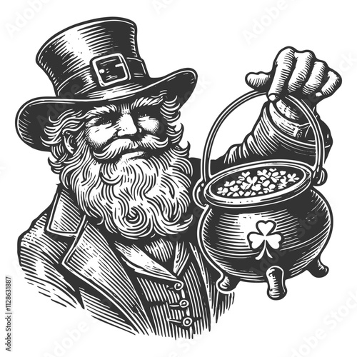 leprechaun holding a pot of gold with a shamrock emblem sketch engraving generative ai fictional character vector illustration. Scratch board imitation. Black and white image.