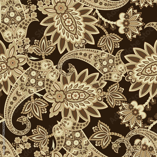 Gorgeous paisley seamless vector pattern with fantastic flowers and leaves. Bohemian textile print inspired by batik. Vintage style
