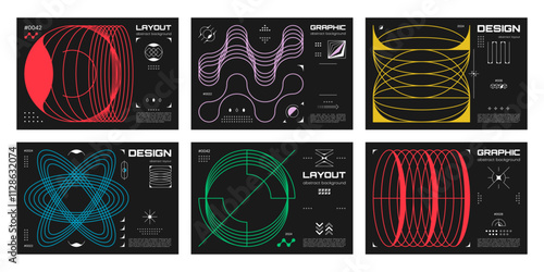 Abstract brutalism posters and banners with color line geometric shapes and aesthetic graphic elements. Vector brutal y2k posters templates with futuristic patterns of minimalist shapes and figures