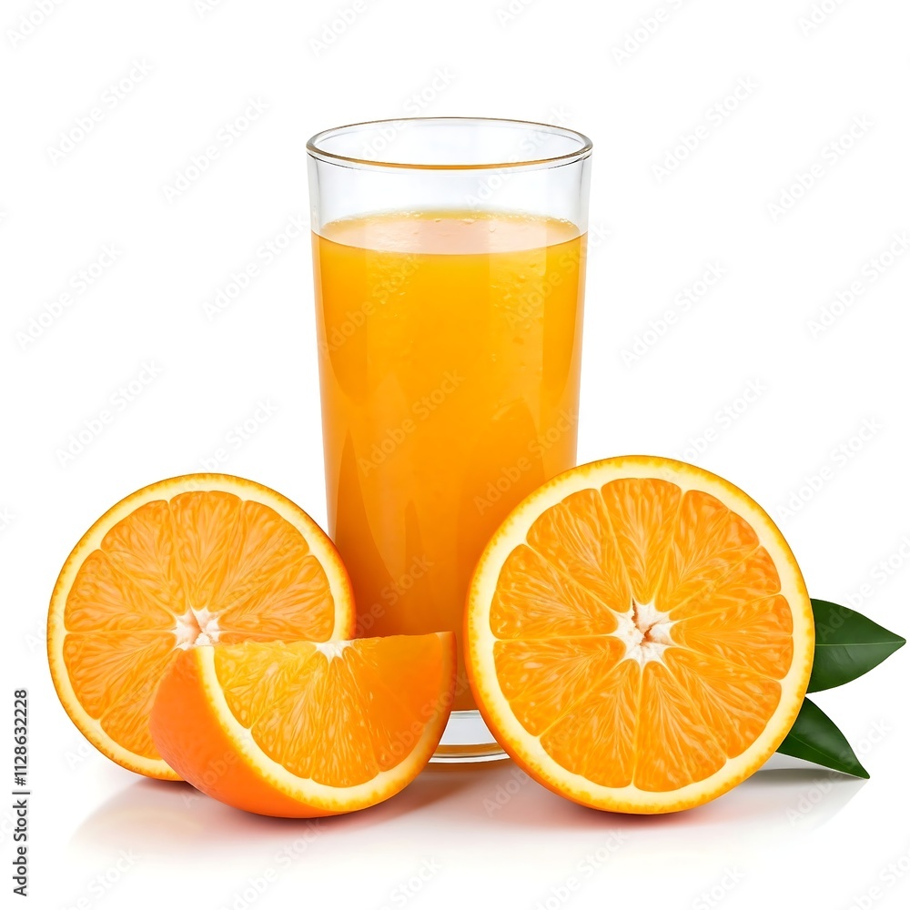 A glass of orange juice and oranges isolated on white background, drink and beverage A glass of orange juice and oranges isolated on white background, drink and beverage