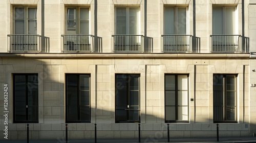 Elegant Parisian building facade, modern minimalist design, full wall with windows and doors, sunny afternoon light, tranquil urban scene, no people visible.
