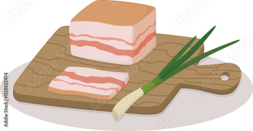 Ukrainian traditional food salty pork with green onion. Flat illustration with tasty national dish salo on a wooden board