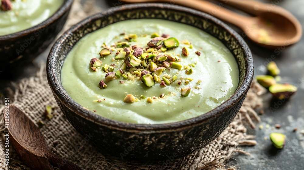 Close up of creamy pistachio pudding with crushed pistachios, surrounded by decorative burlap and wooden spoons Close up of creamy pistachio pudding with crushed pistachios, surrounded by decorative burlap and wooden spoons