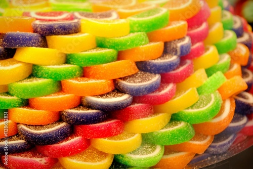 A close-up of colorful candies and macarons displayed in a dessert shop window. Food industry. Dessert varieties. Junk food, fun candies.