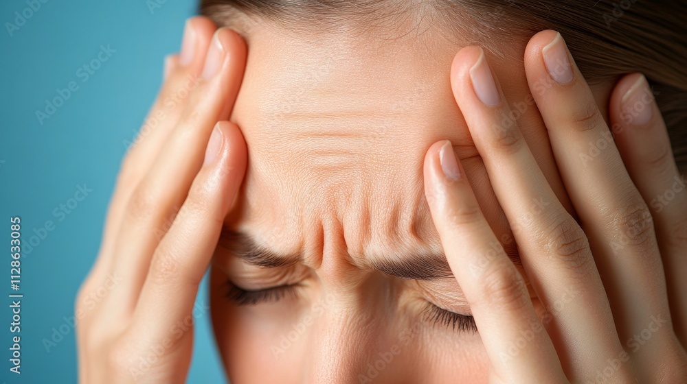 Woman experiences headache while holding her head with both hands against a blue background in bright light. Woman experiences headache while holding her head with both hands against a blue background in bright light.