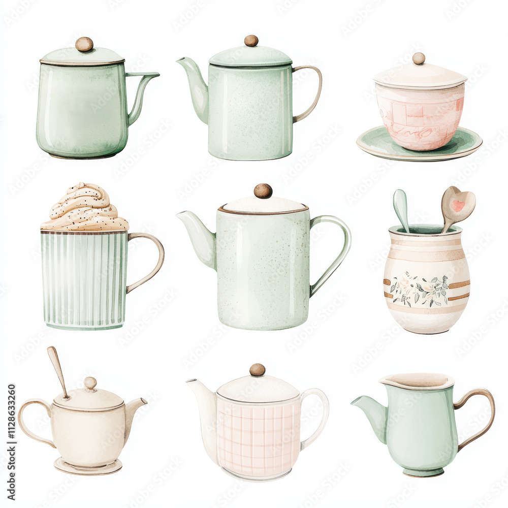 Collection of pastel teapots and cups in a grid layout. Collection of pastel teapots and cups in a grid layout.