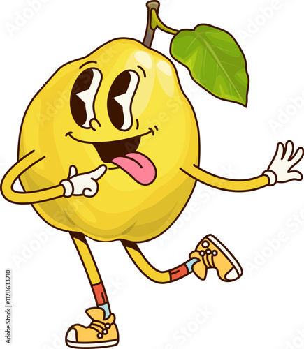 Groovy tropical quince fruit character in a playful pose. Cartoon vector fun and smiling personage with green leaf, quirky facial expression, sticking tongue, smiling and showing positive funky vibes