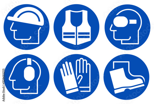 Safety signs - must be worn symbols, wear hearing protection, wear helmet, wear safety shoes, wear gloves, wear protective vest and wear safety glasses. Mandatory safety icons