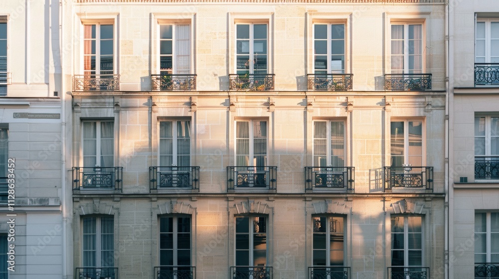 Elegant Parisian building facade, modern minimalist design, full wall with windows and doors, warm sunlight, tranquil urban scene, no people visible.