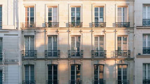 Elegant Parisian building facade, modern minimalist design, full wall with windows and doors, warm sunlight, tranquil urban scene, no people visible.