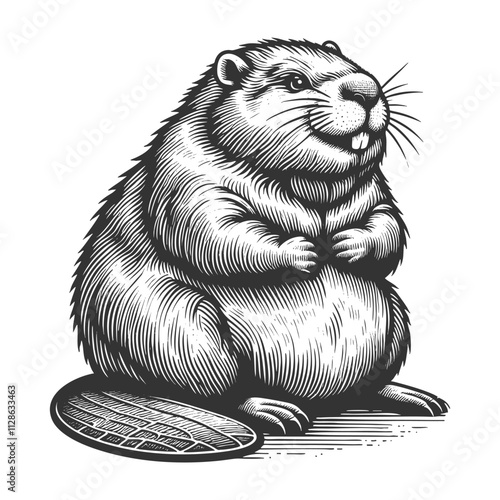 beaver walking in a lively, cheerful manner, featuring a detailed tail and cartoonish style sketch engraving generative ai vector illustration. Scratch board imitation. Black and white image.