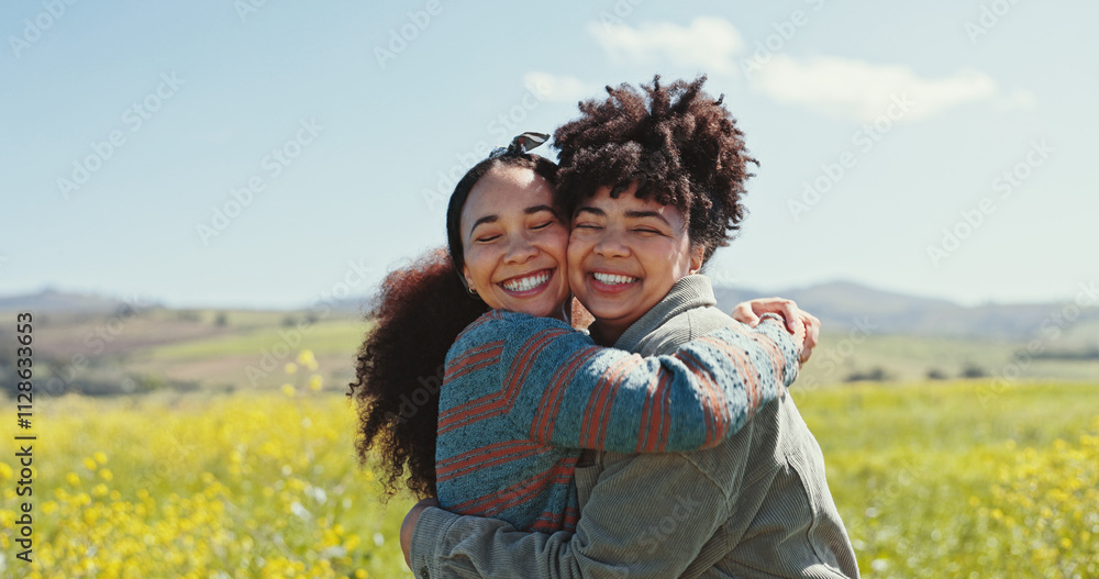 Friends, women and smile with hugging in field for travel adventure, reunion and bonding at rapeseed farm. Weekend trip, people and support in countryside for surprise connection and excited together Friends, women and smile with hugging in field for travel adventure, reunion and bonding at rapeseed farm. Weekend trip, people and support in countryside for surprise connection and excited together