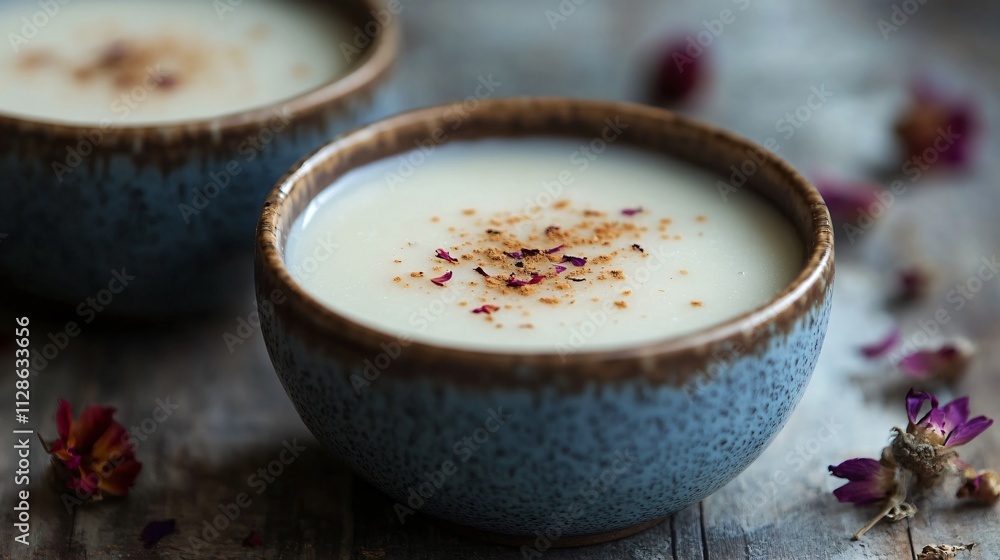 Close up of tapioca pudding with a hint of nutmeg, served in ceramic bowls with decorative dried flowers Close up of tapioca pudding with a hint of nutmeg, served in ceramic bowls with decorative dried flowers