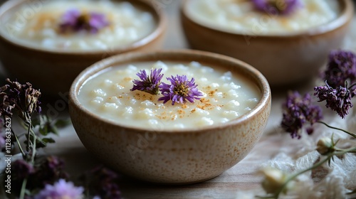 Close up of tapioca pudding with a hint of nutmeg, served in ceramic bowls with decorative dried flowers photo