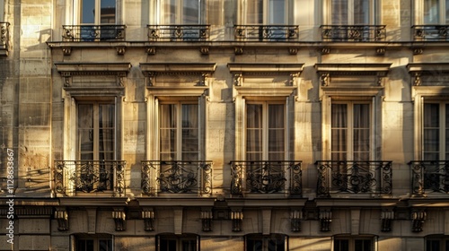 Obraz na płótnie Elegant Parisian building, facing a wall with windows and doors, sunny afternoon light, serene atmosphere, no people visible. w salonie