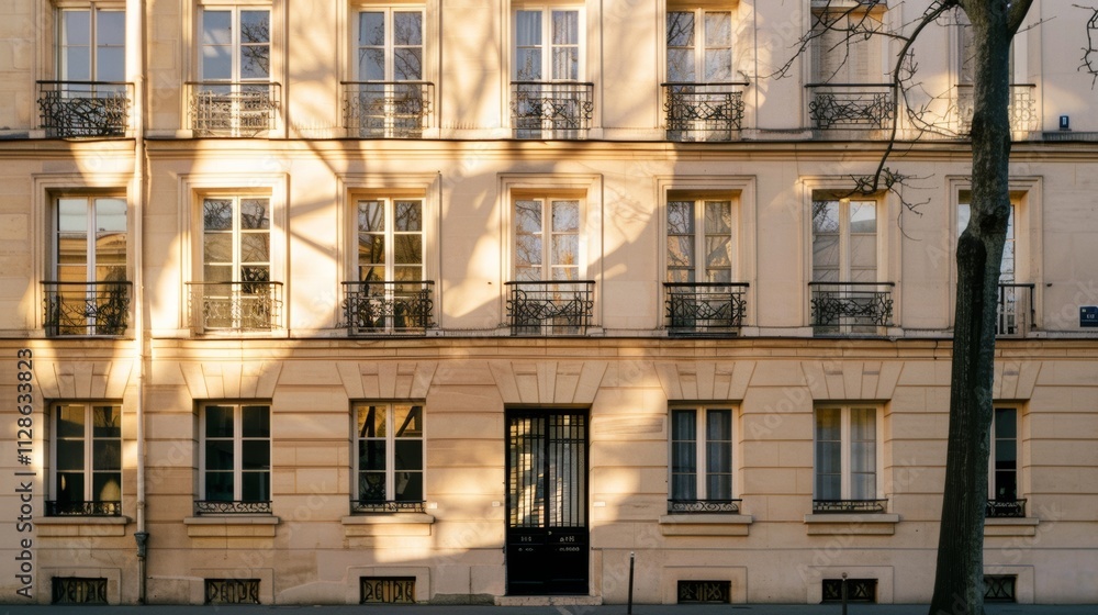 Elegant Parisian building, minimalist architecture, complete wall with windows and doors, warm sunlight, serene urban scene, no people present.